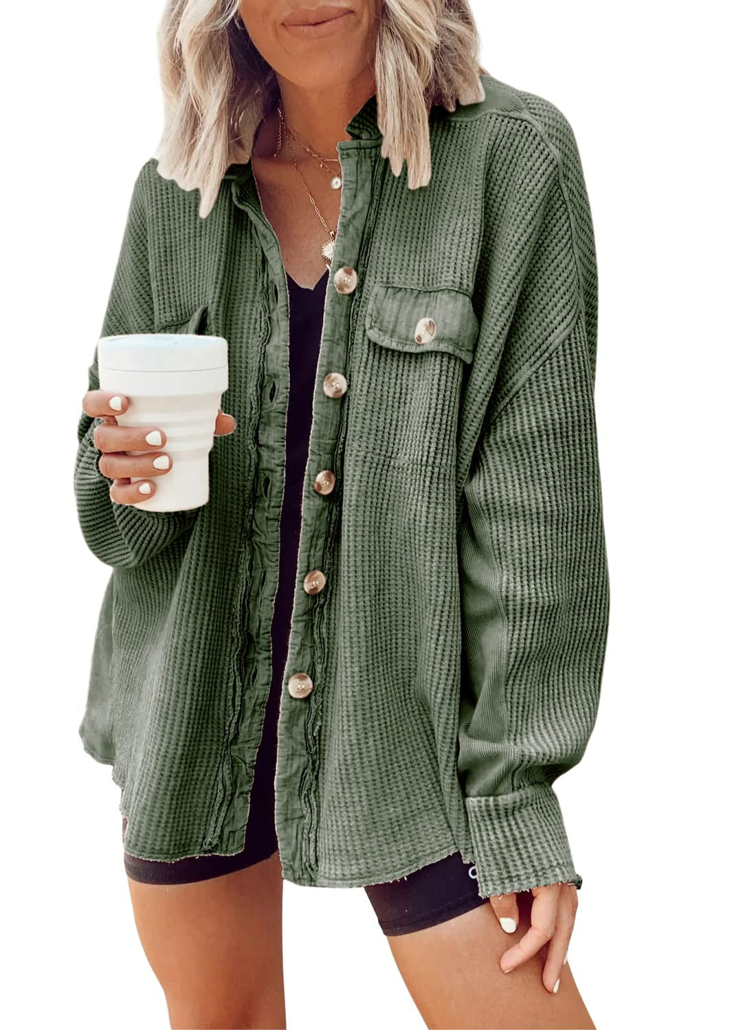Damen Lässige Waffle-Strickjacke mit praktischen Taschen und Knopfdetails