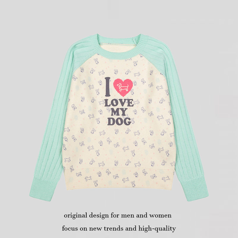 Damen Gestrickter Raglanpullover mit Herz‑Hundemotiv, Rippärmeln und Allover-Print Shop Nory