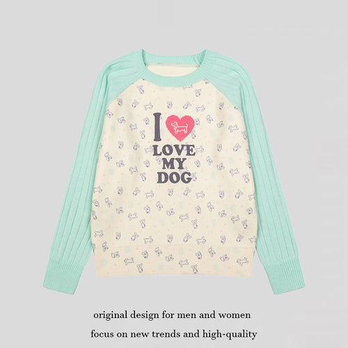 Damen Gestrickter Raglanpullover mit Herz‑Hundemotiv, Rippärmeln und Allover-Print Shop Nory