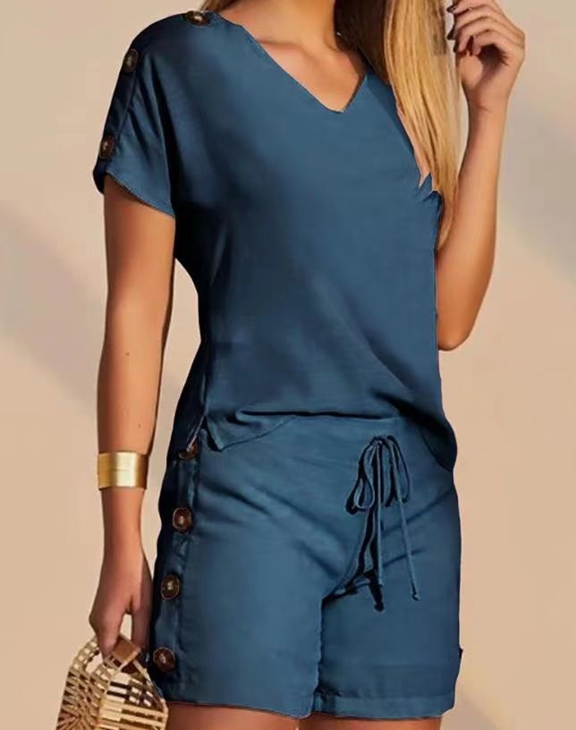 Damen lässiger Shorts-Set mit Knopfdetail und V-Ausschnitt