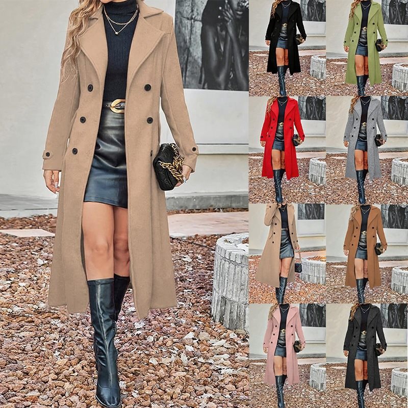 Damen Langer Doppelreihiger Wollmix-Mantel mit tailliertem Schnitt Shop Nory