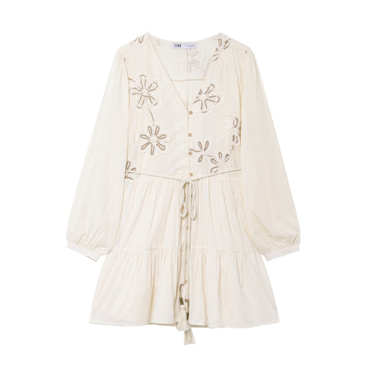 Damen Besticktes Boho-Kleid mit V-Ausschnitt Kordelzug und Stufenrock Shop Nory
