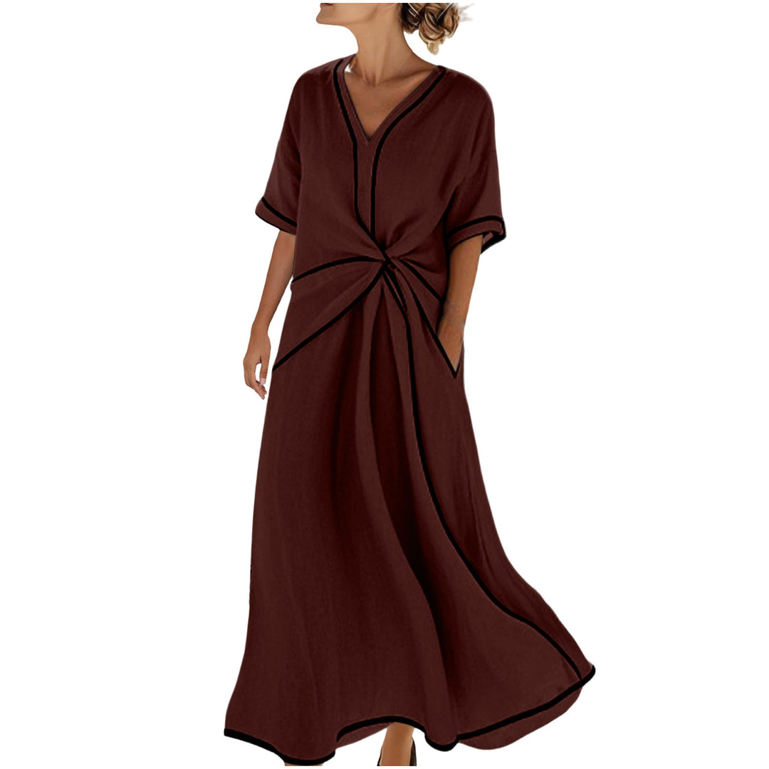 Damen Langes A-Linienkleid mit V‑Ausschnitt, Knoten-Detail und Kontrastpaspel Shop Nory