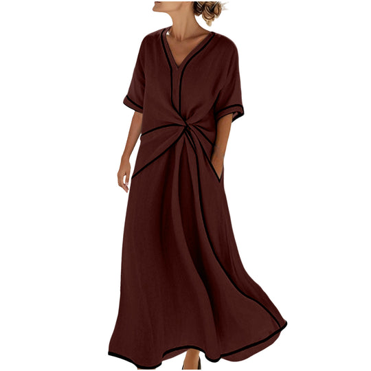 Damen Langes A-Linienkleid mit V‑Ausschnitt, Knoten-Detail und Kontrastpaspel Shop Nory