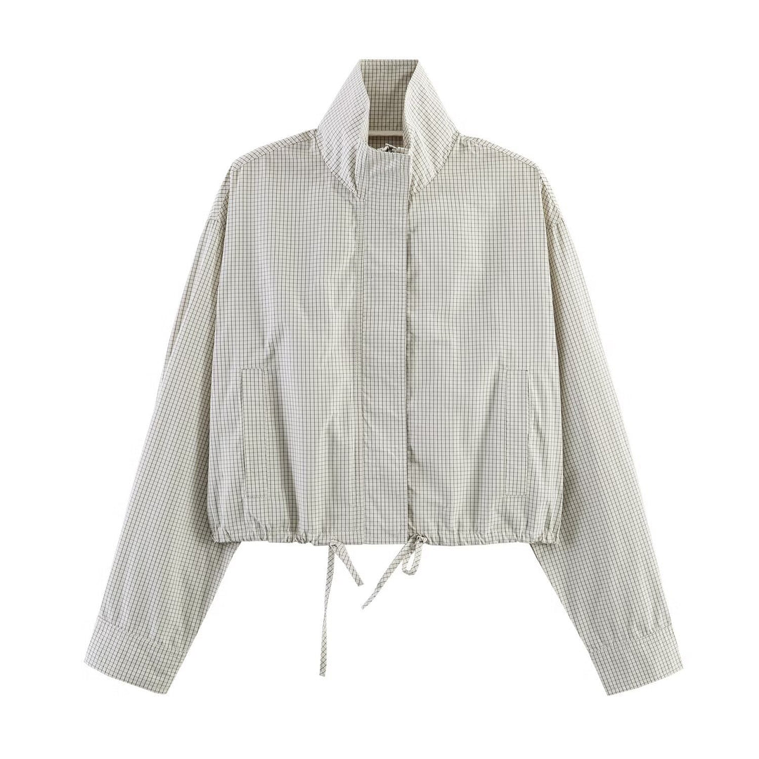 Damen Cropped Windjacke mit Stehkragen, Karo-Muster und Tunnelzug Shop Nory