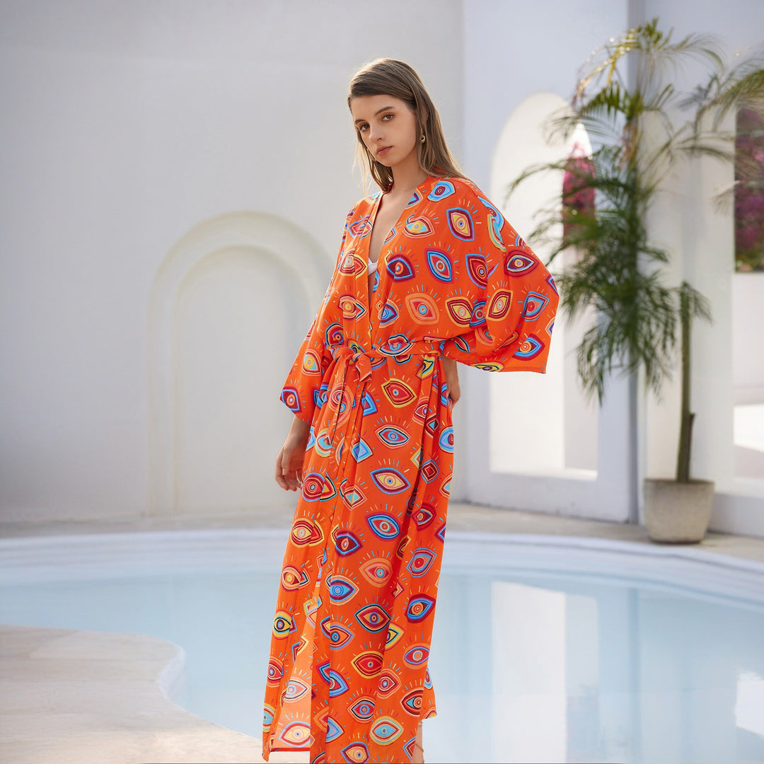 Damen Langer Kaftan‑Kimono mit Taillengürtel, V‑Ausschnitt & grafischem Augenprint Shop Nory