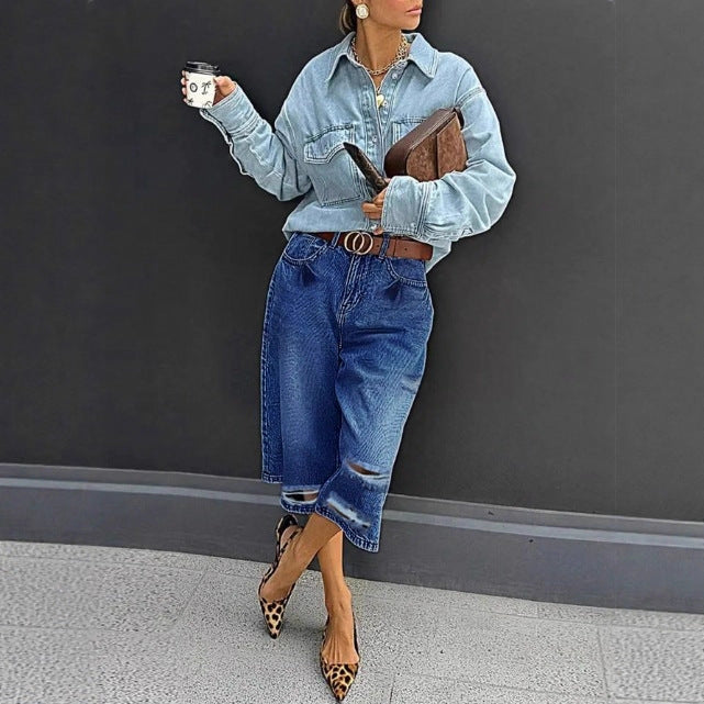 Damen Hochtaillierte Denim-Culotte mit Destroyed-Einsätzen und rohem Saum Shop Nory