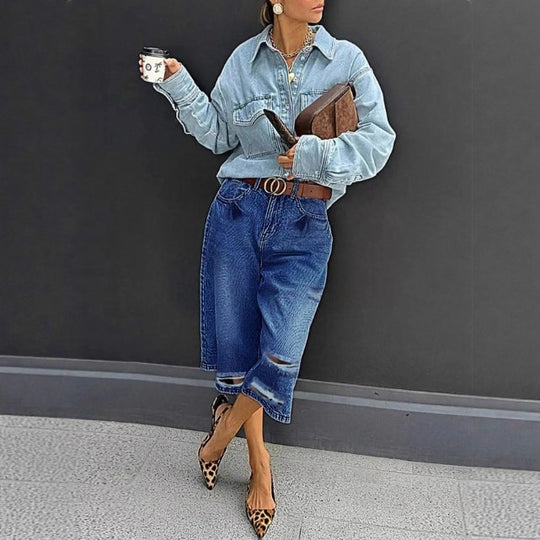 Damen Hochtaillierte Denim-Culotte mit Destroyed-Einsätzen und rohem Saum Shop Nory