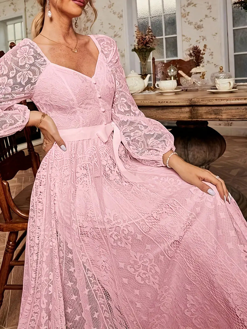 Damen Elegantes Spitze Midi-Kleid mit puffärmel und Taillenbindung