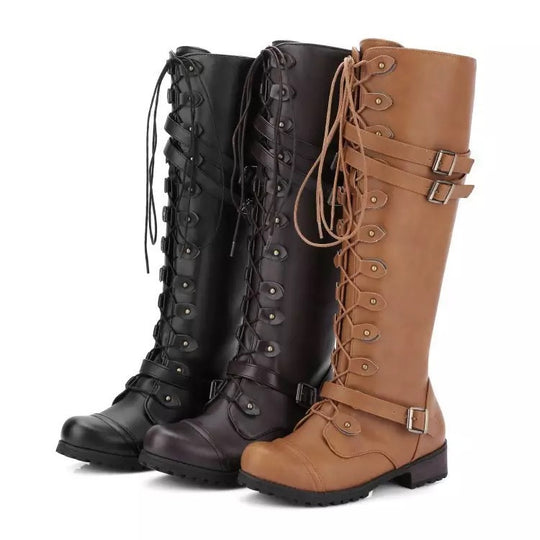 Damen Kniehohe Schnürstiefel mit verstellbaren Zierschnallen und robuster Profilsohle Shop Nory
