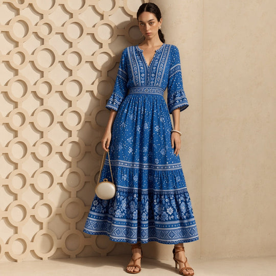 Damen langes Boho-Maxi-Kleid mit V-Ausschnitt geraffter Taille und mehrlagigem Stufenrock Shop Nory