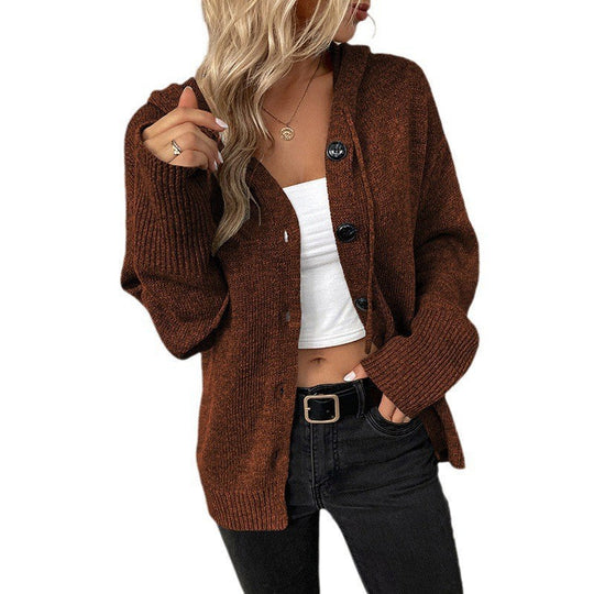 Damen lässige Strickjacke mit Kapuze und Knopfverschluss