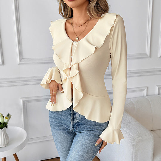 Damen Chiffon-Volantbluse mit Knopfleiste, Tailliertem Schößchen und Rüschenkragen Shop Nory