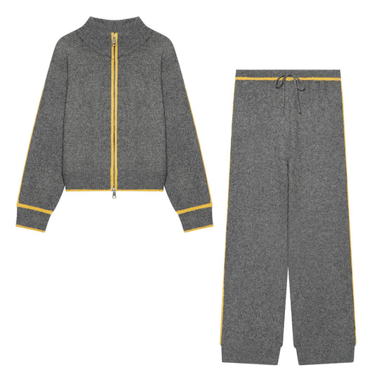 Damen Kuschel-Strickset mit Reißverschluss-Cardigan, Stehkragen und weiter Strickhose Shop Nory