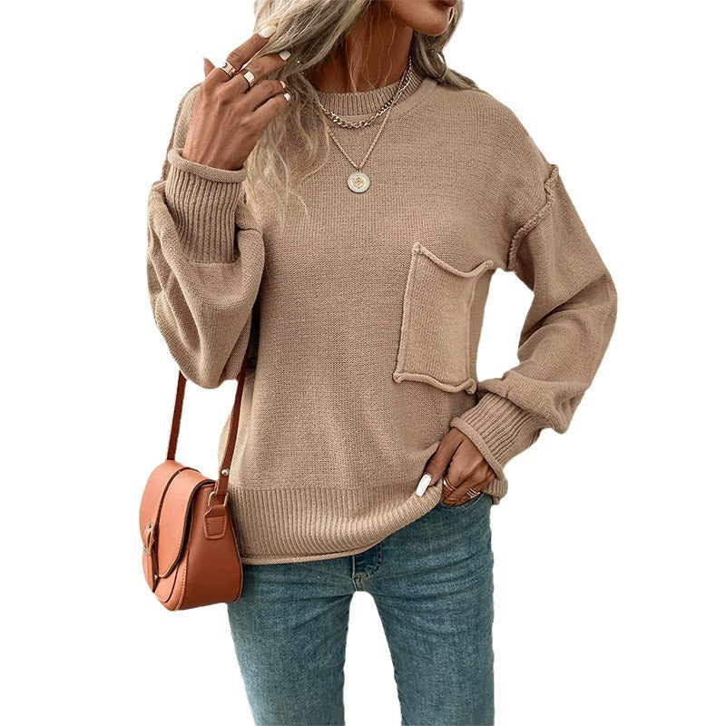 Damen Lässiger Strickpullover mit aufgesetzter Tasche Shop Nory