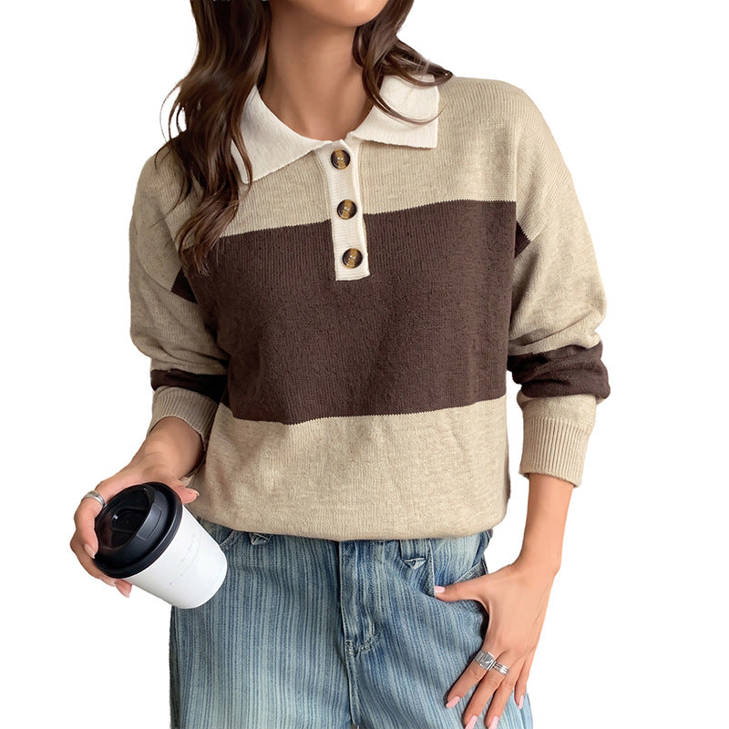 Damen Gestreifter Feinstrick-Polo mit Knopfblende und lockerer Passform Shop Nory