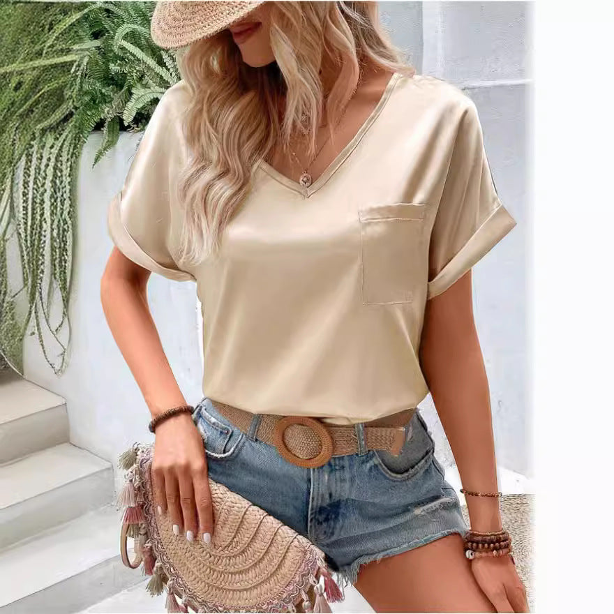 Damen Satin V-Ausschnitt T-Shirt mit Brusttasche und Lässigem Schnitt