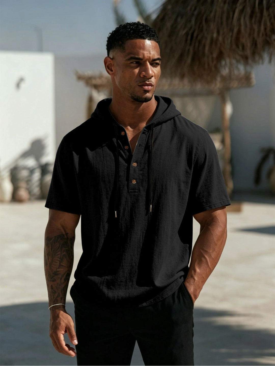 Herren Kurzarm-Hoodie-Henley aus Leinenoptik mit Knopfleiste Shop Nory