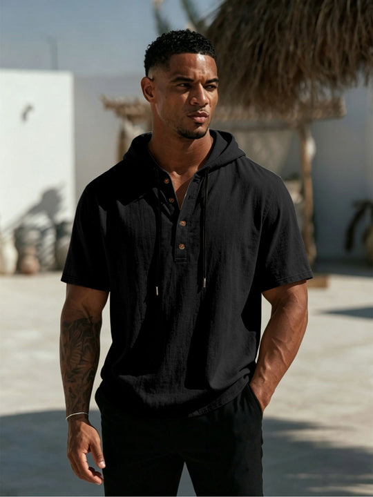 Herren Kurzarm-Hoodie-Henley aus Leinenoptik mit Knopfleiste Shop Nory