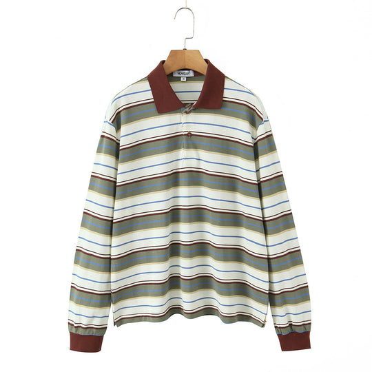 Herren Langärmeliges Poloshirt im Retro-Streifenmuster mit Rippbündchen und Knopfleiste Shop Nory