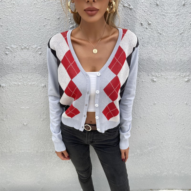 Damen Leichter Kurzcardigan mit Rautenmuster, V-Ausschnitt und Knopfleiste Shop Nory