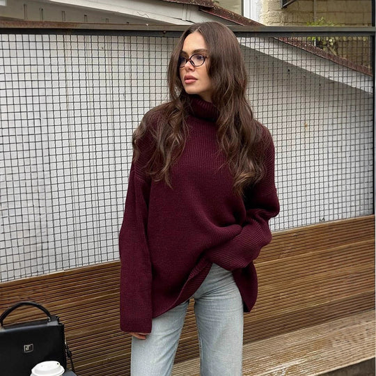 Damen Oversized Rippenstrick Rollkragenpullover mit verlängerter Manschette Shop Nory