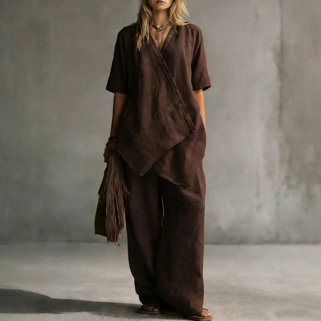 Damen Leinen-Zweiteiler mit asymmetrischer Knopfleiste und weiter Palazzo-Hose Shop Nory