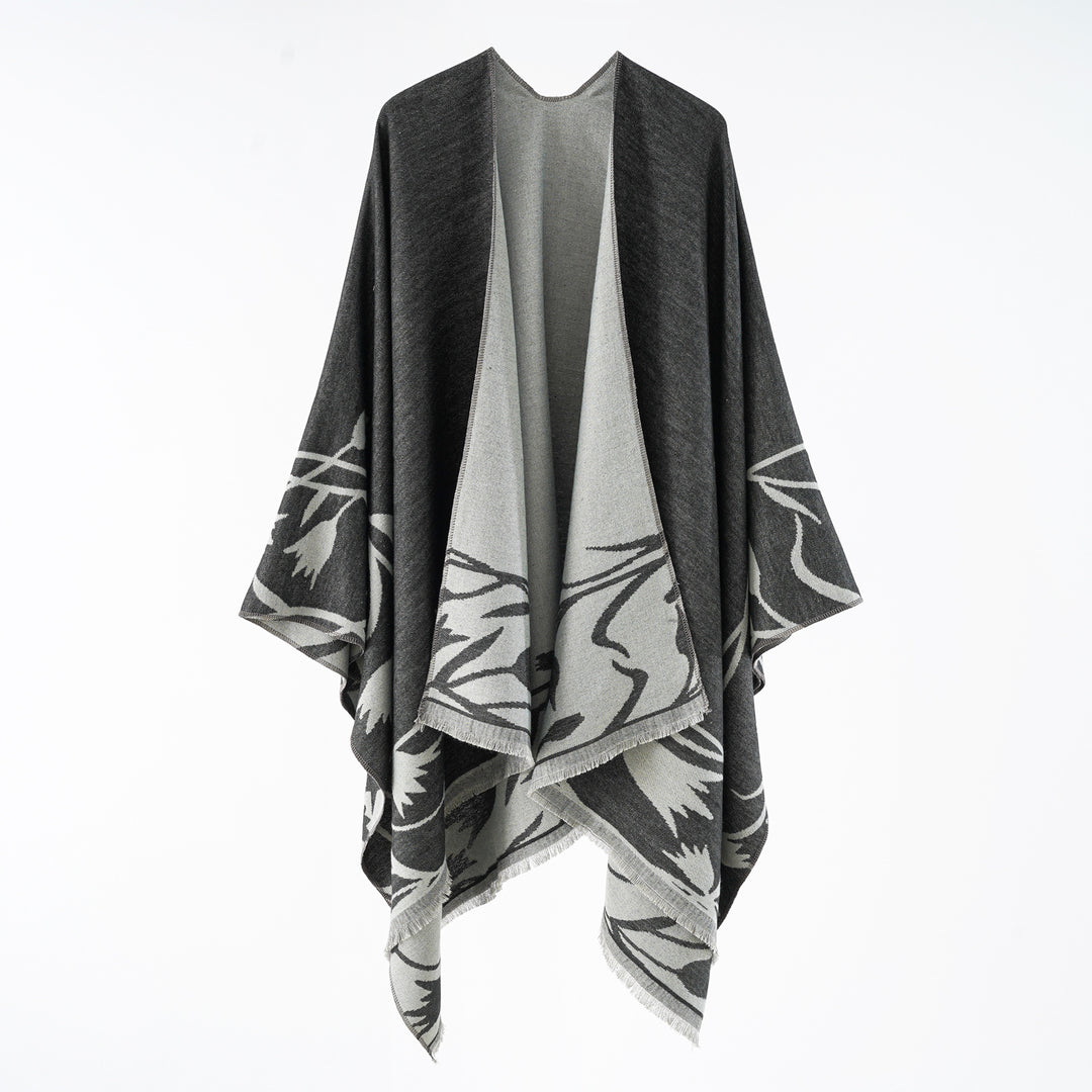 Damen Edler Wendbarer Ruana-Überwurf im Double-Face Wollmix mit floralem Jacquard Shop Nory