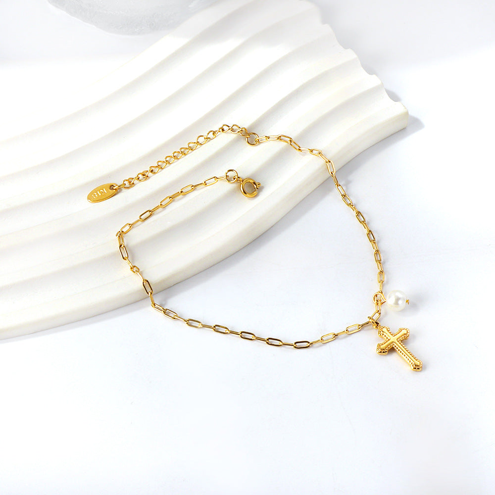 Damen Armband mit Kreuz-Anhänger und Perlenakzent Shop Nory