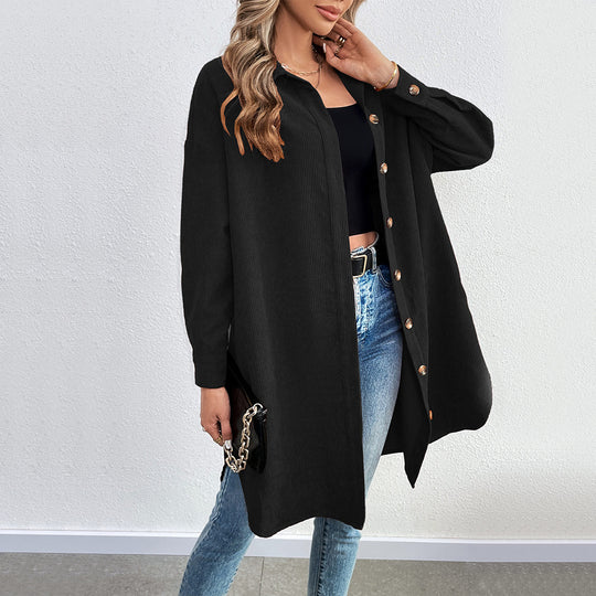 Damen lange Oversize-Cord-Hemdjacke mit durchgehender Knopfleiste und Hemdblusen-Kragen Shop Nory