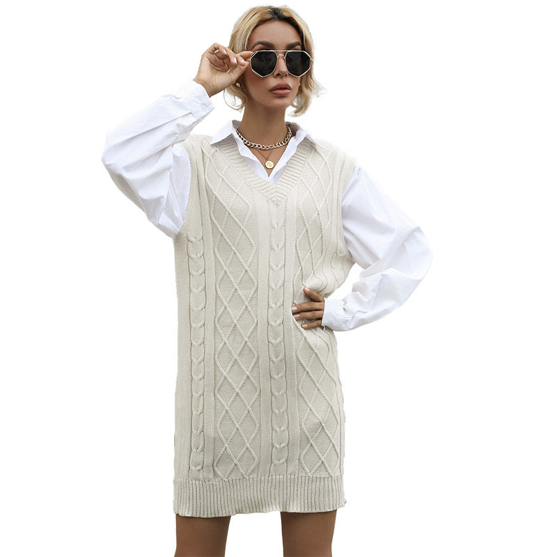 Damen Ärmelloses Zopfmuster-Strickkleid mit V-Ausschnitt und taillierender Silhouette Shop Nory