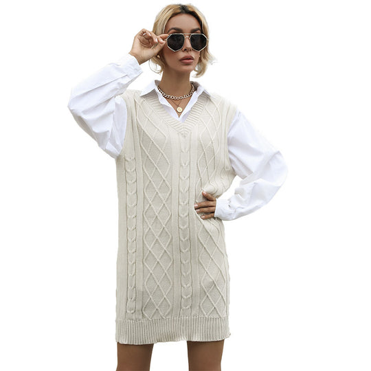 Damen Ärmelloses Zopfmuster-Strickkleid mit V-Ausschnitt und taillierender Silhouette Shop Nory