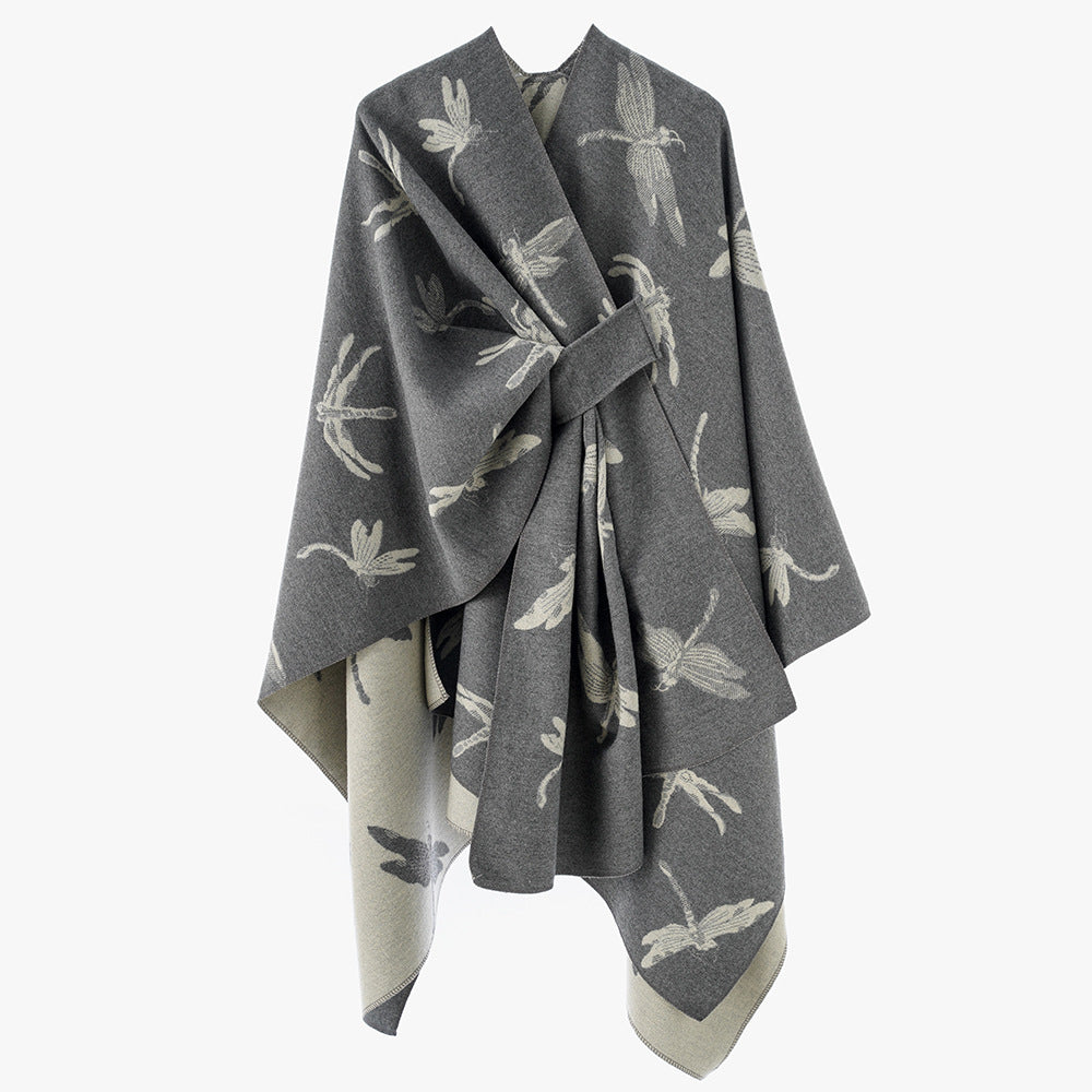 Damen Kaschmirähnlicher Jacquard‑Cape mit Libellen‑Motiv und Bindegürtel Shop Nory