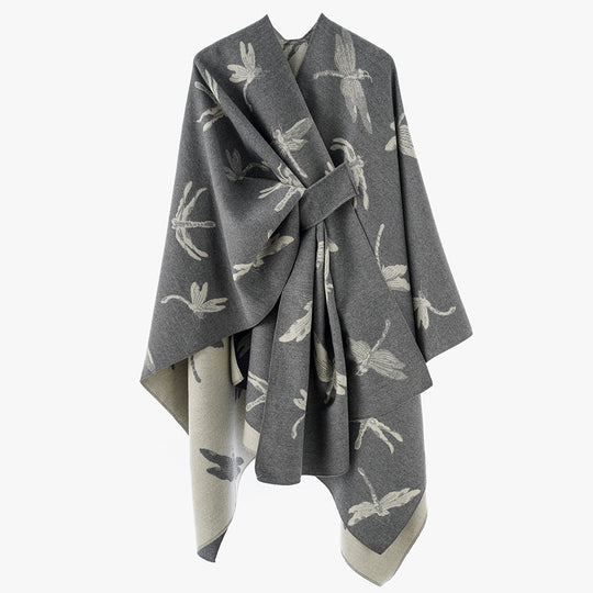Damen Kaschmirähnlicher Jacquard‑Cape mit Libellen‑Motiv und Bindegürtel Shop Nory