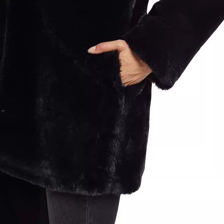 Damen Midilanger Kapuzen-Kunstpelzmantel mit offener Front und gefütterten Eingrifftaschen Shop Nory