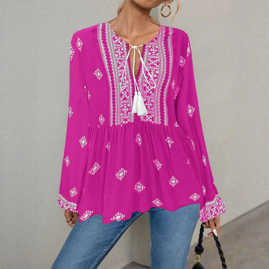 Damen Bestickte Boho-Tunika-Bluse mit Quastenbändern und stufigem Saum Shop Nory