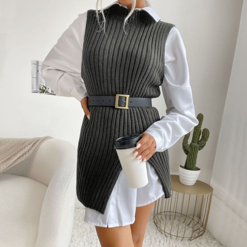 Damen Gerippte Strick‑Tunika mit Stehkragen, seitlichen Schlitzen und figurbetonter Silhouette Shop Nory