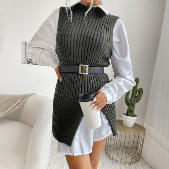 Damen Gerippte Strick‑Tunika mit Stehkragen, seitlichen Schlitzen und figurbetonter Silhouette Shop Nory