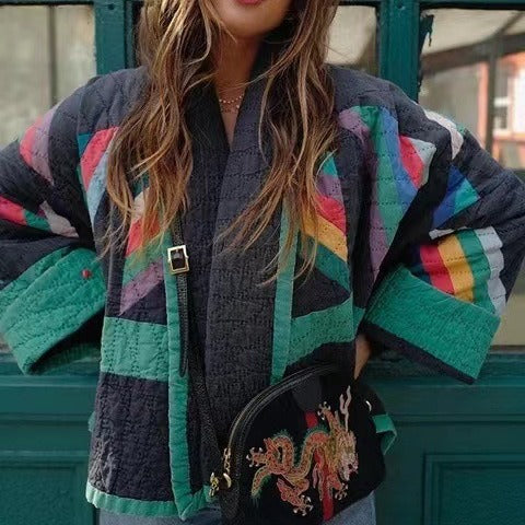 Damen wattierte Kimono-Steppjacke mit Patchwork-Design und weiten Ärmeln Shop Nory