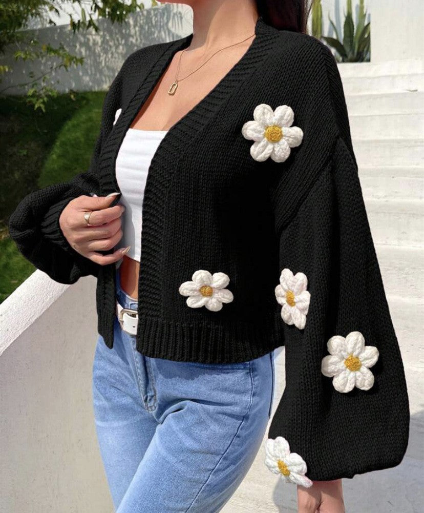 Damen Cropped-Cardigan aus Baumwollmix mit 3D-Blütenapplikationen Shop Nory
