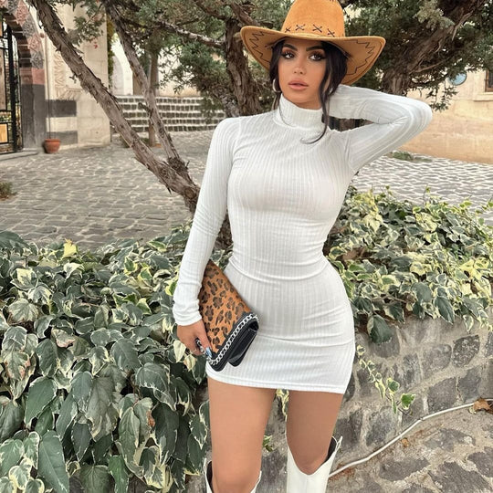 Damen Enganliegendes Rippstrick-Minikleid mit Rollkragen und langen Ärmeln Shop Nory