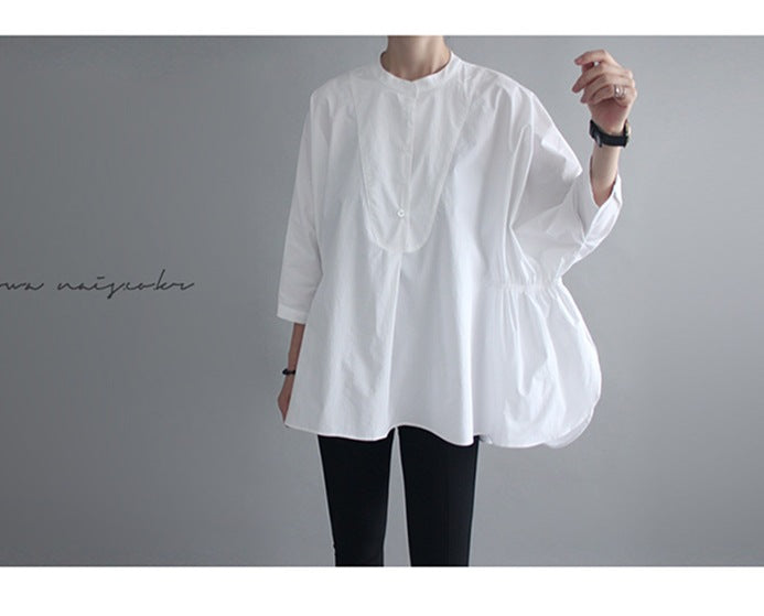Damen Oversized-Bluse mit Stehkragen, ballonförmiger Silhouette und 3/4-Ärmeln Shop Nory