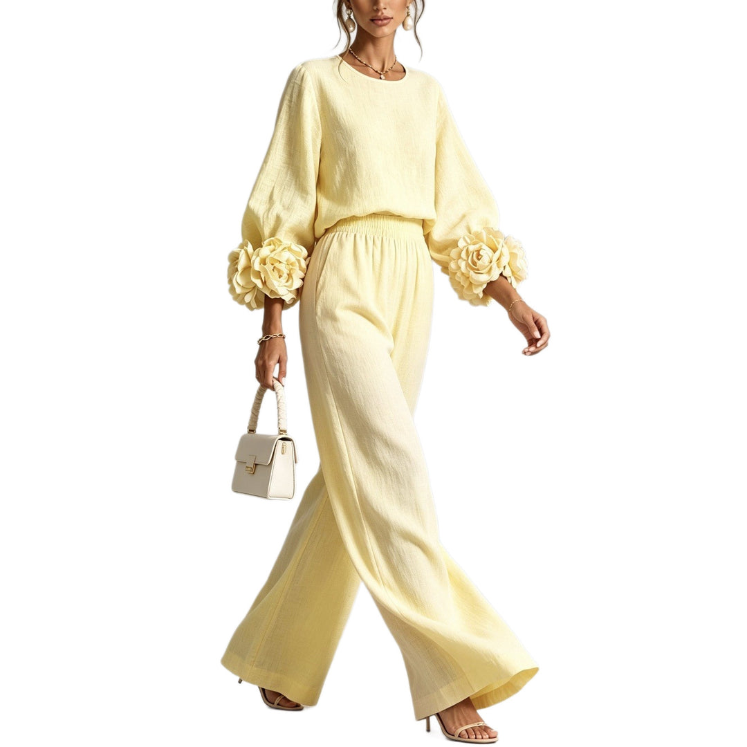 Damen Zweiteiliges Leinenmix-Set mit weitem Bein, Gummibund und Blumenärmel Shop Nory