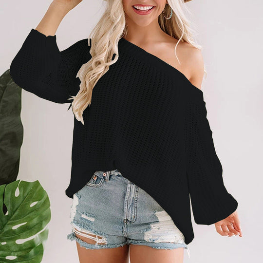 Damen Oversize Strickpullover mit Off-Shoulder Ajourmuster und weitem Saum Shop Nory