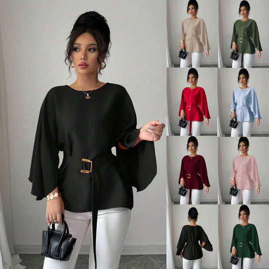 Damen Elegante Chiffon-Tunika mit Cape-Ärmeln und Taillengürtel Shop Nory