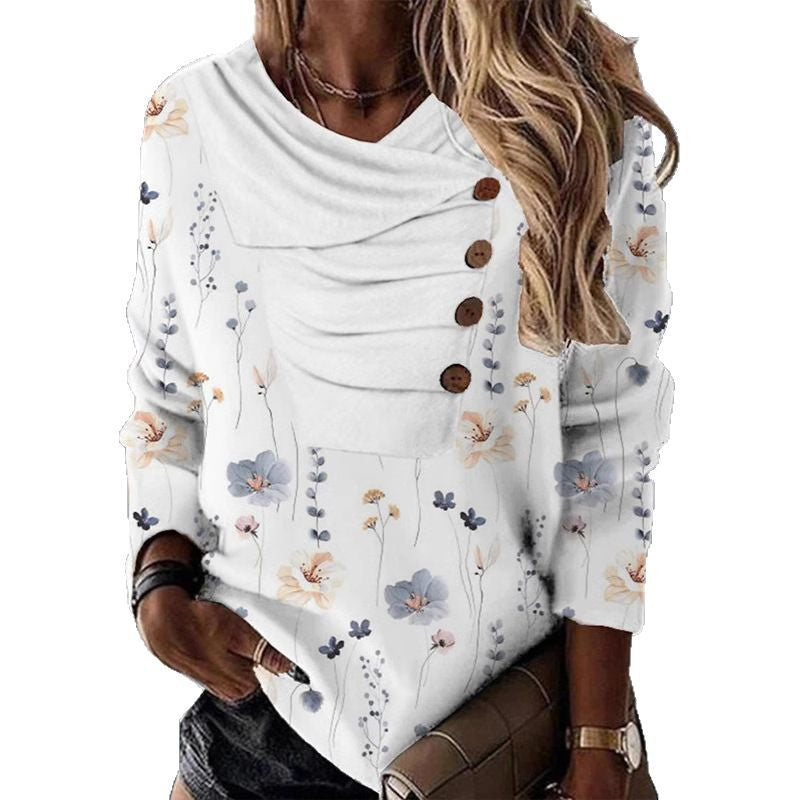 Damen Langärmliges Blumen-Sweatshirt mit asymmetrischem Drapékragen und Zierknopfleiste Shop Nory