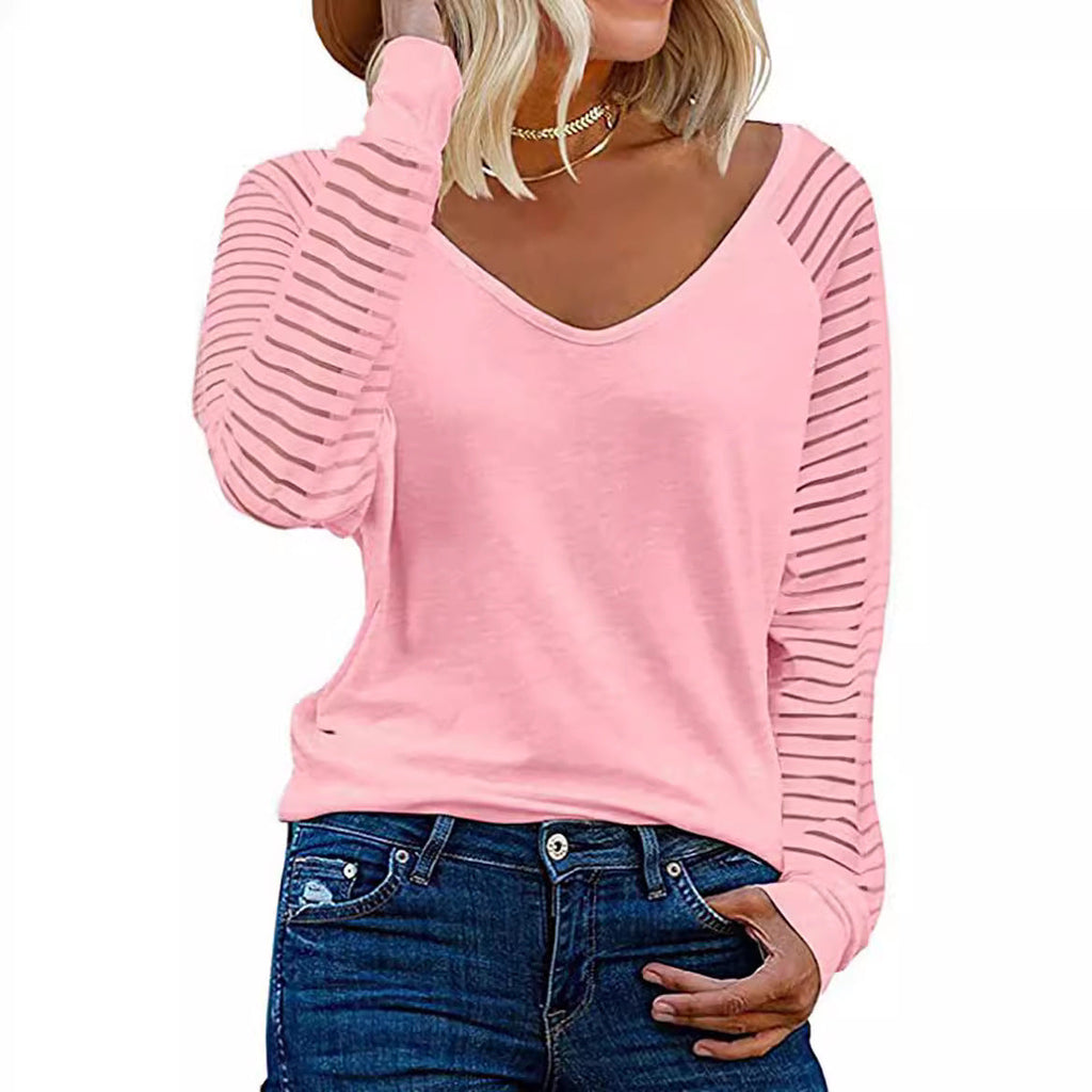 Damen Langärmliges V-Ausschnitt Shirt mit gestreiften Ärmeln