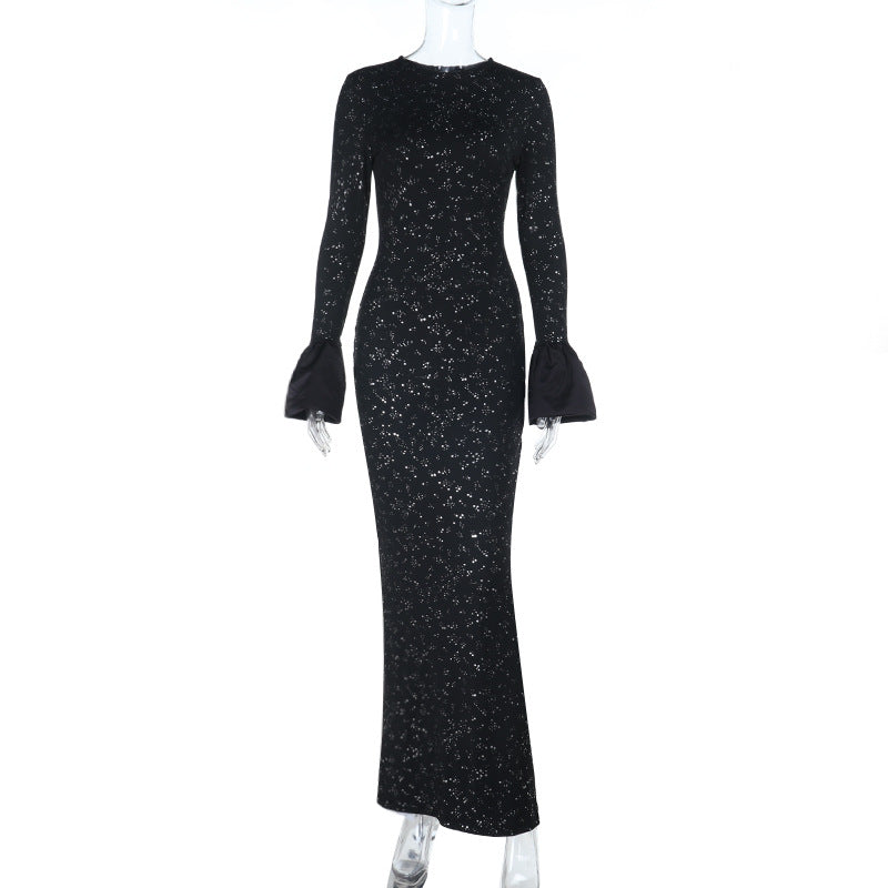 Damen Figurbetontes Abend-Maxikleid mit Glitzerprint und Glockenärmeln Shop Nory