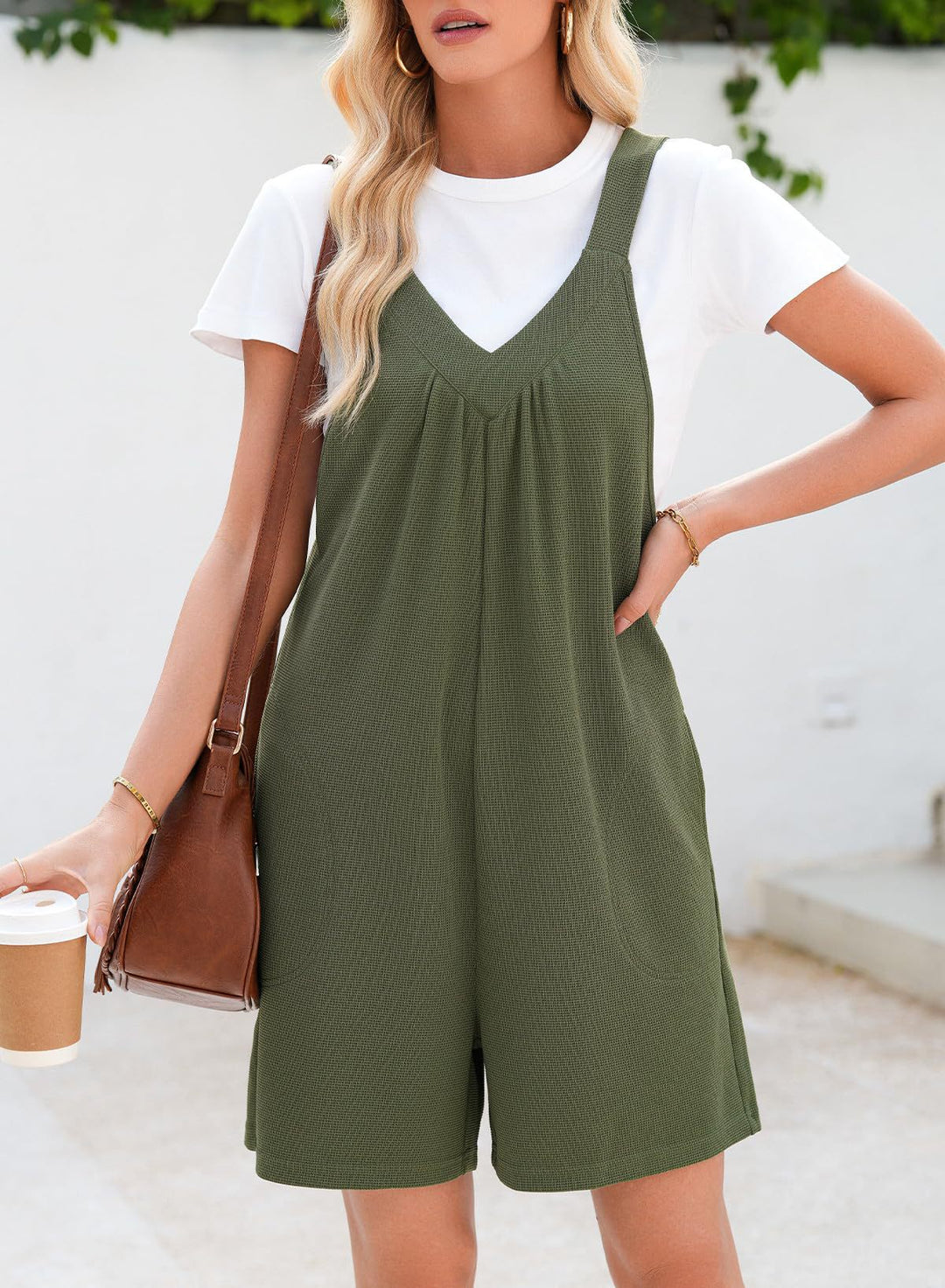 Damen Ärmelloser Waffel-Shorts-Overall mit V‑Ausschnitt und Eingrifftaschen Shop Nory