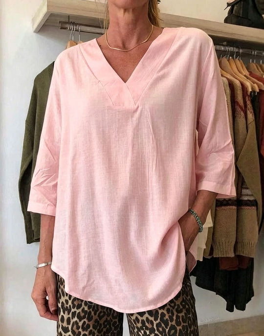 Damen Leichte Oversize V-Ausschnitt Tunika in Leinenoptik mit dreiviertel Ärmeln und abgerundetem Saum Shop Nory
